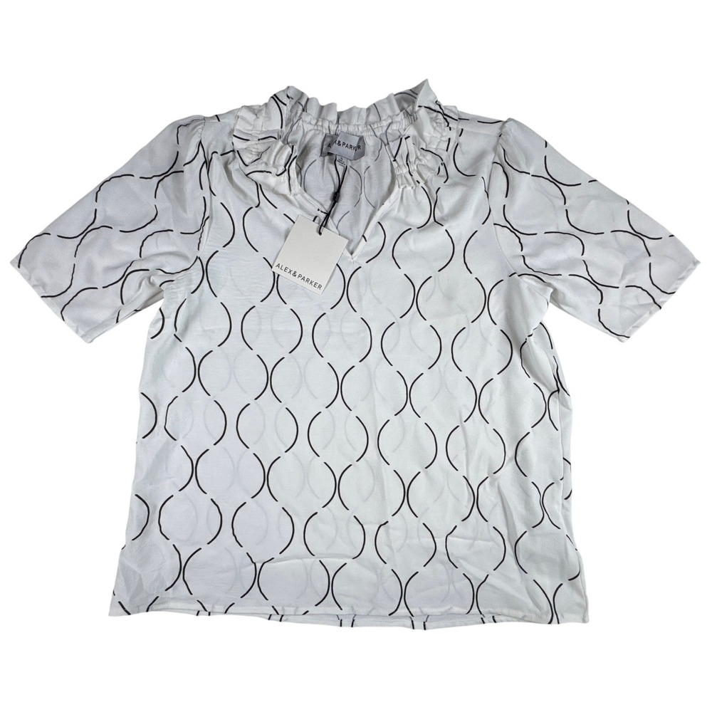 ALEX &‎ PARKER NWT Womens White Geometric Ruffle Neck Short Sleeve Blouse Top S